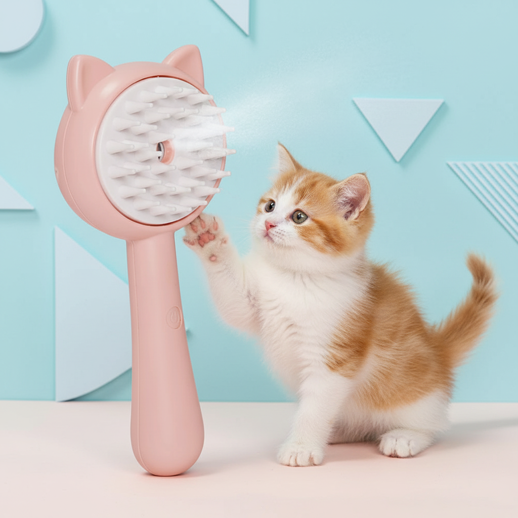 Pink brush playful kitten